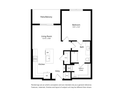 Floor plan for 1 bed, 1 bath, 753 sqft